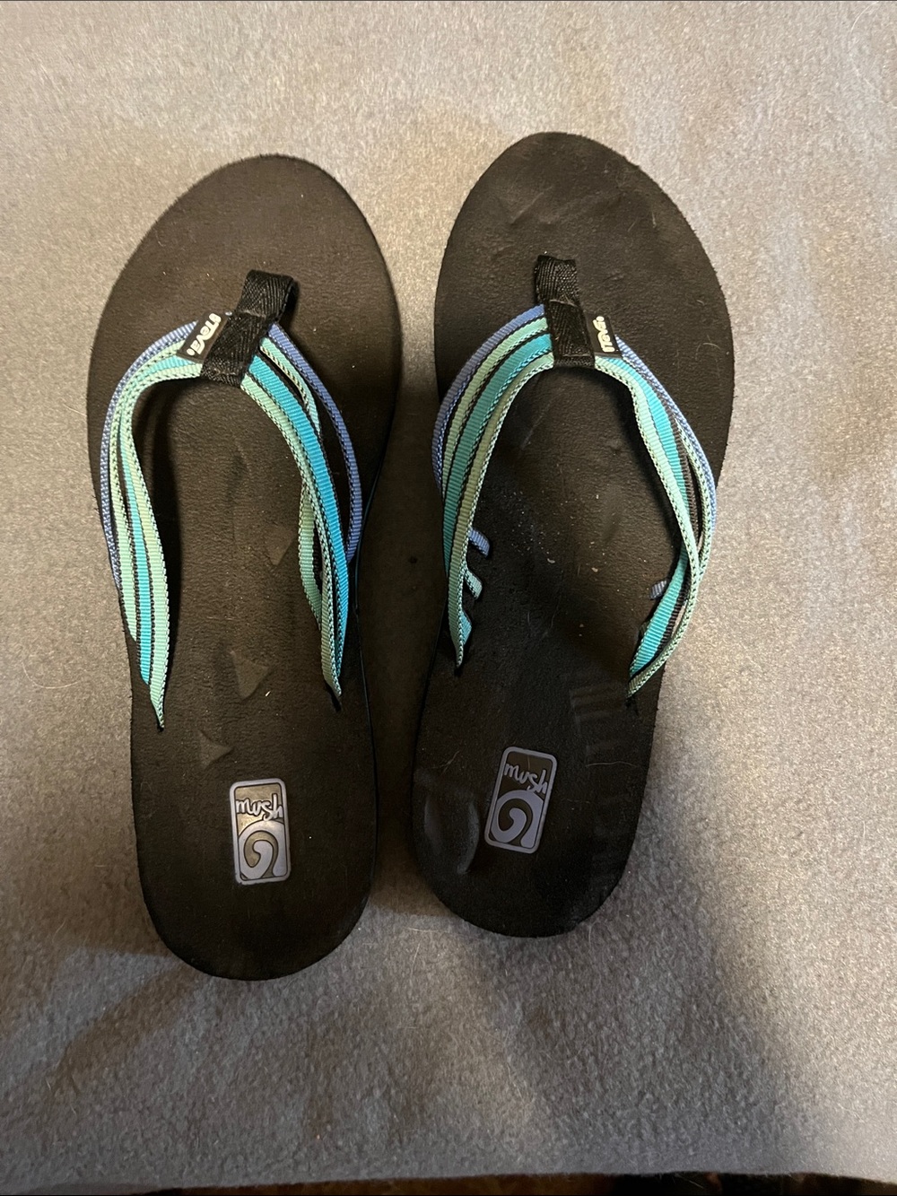 Teva Black Flip Flop Sandals with Teal and Light Blue Straps
